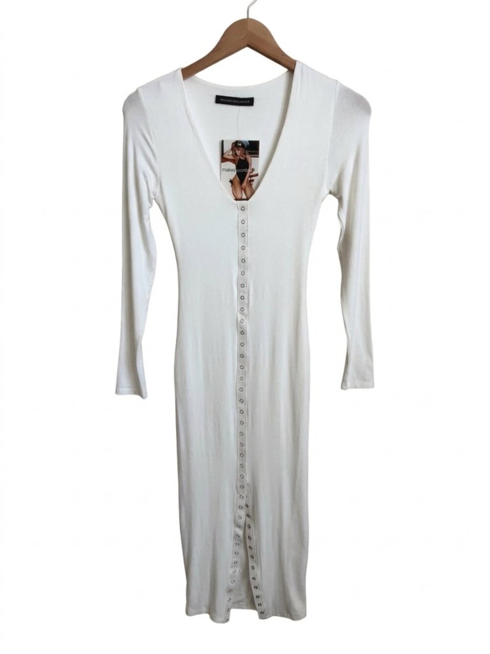Naked Wardrobe White Snap Front Bodycon Midi Dress S V-Neck Long Sleeve NWT